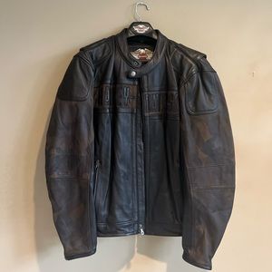 New Harley Davidson Black Leather Embroidered Motorcycle Bomber Camo Jacket XL